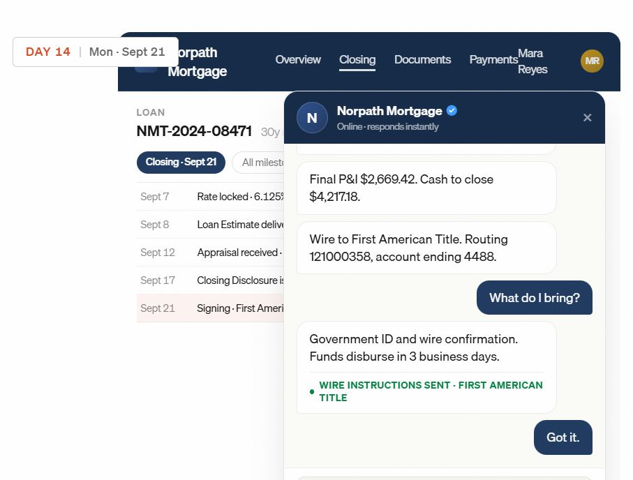 Web agent conversation guiding a mortgage customer through closing details, wire instructions, and required documents