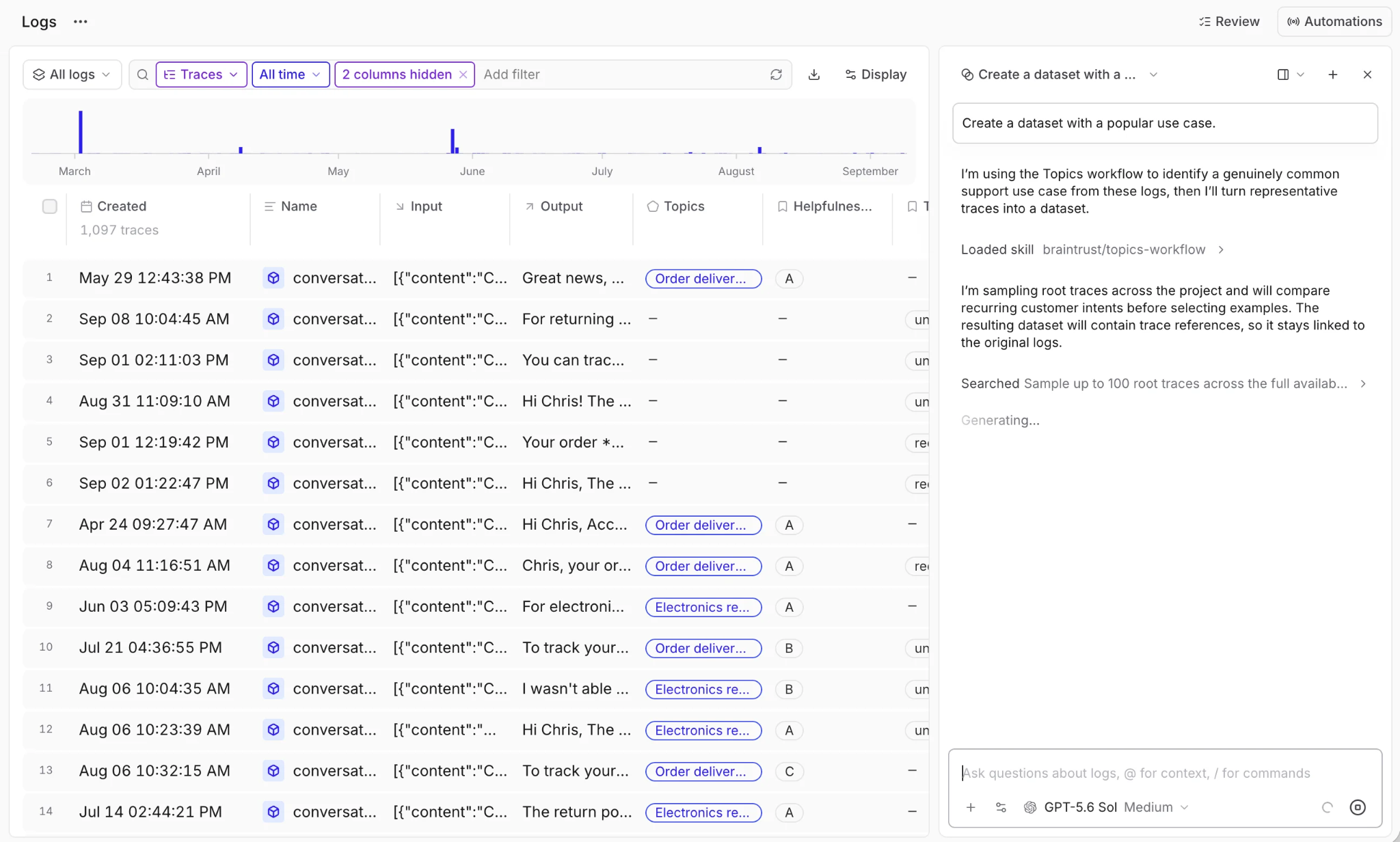 Braintrust Logs view with a Loop panel sampling root traces to build a dataset from representative production conversations, keeping trace references linked to the original logs