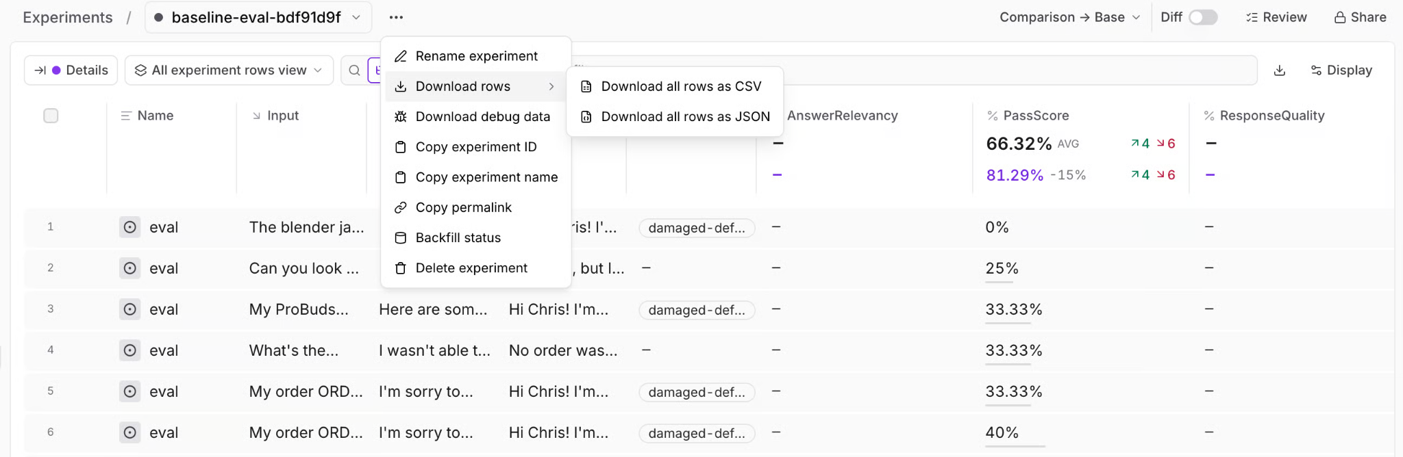 Braintrust experiment view showing per-row scorer columns including PassScore and ResponseQuality, with an export menu for downloading rows as CSV or JSON