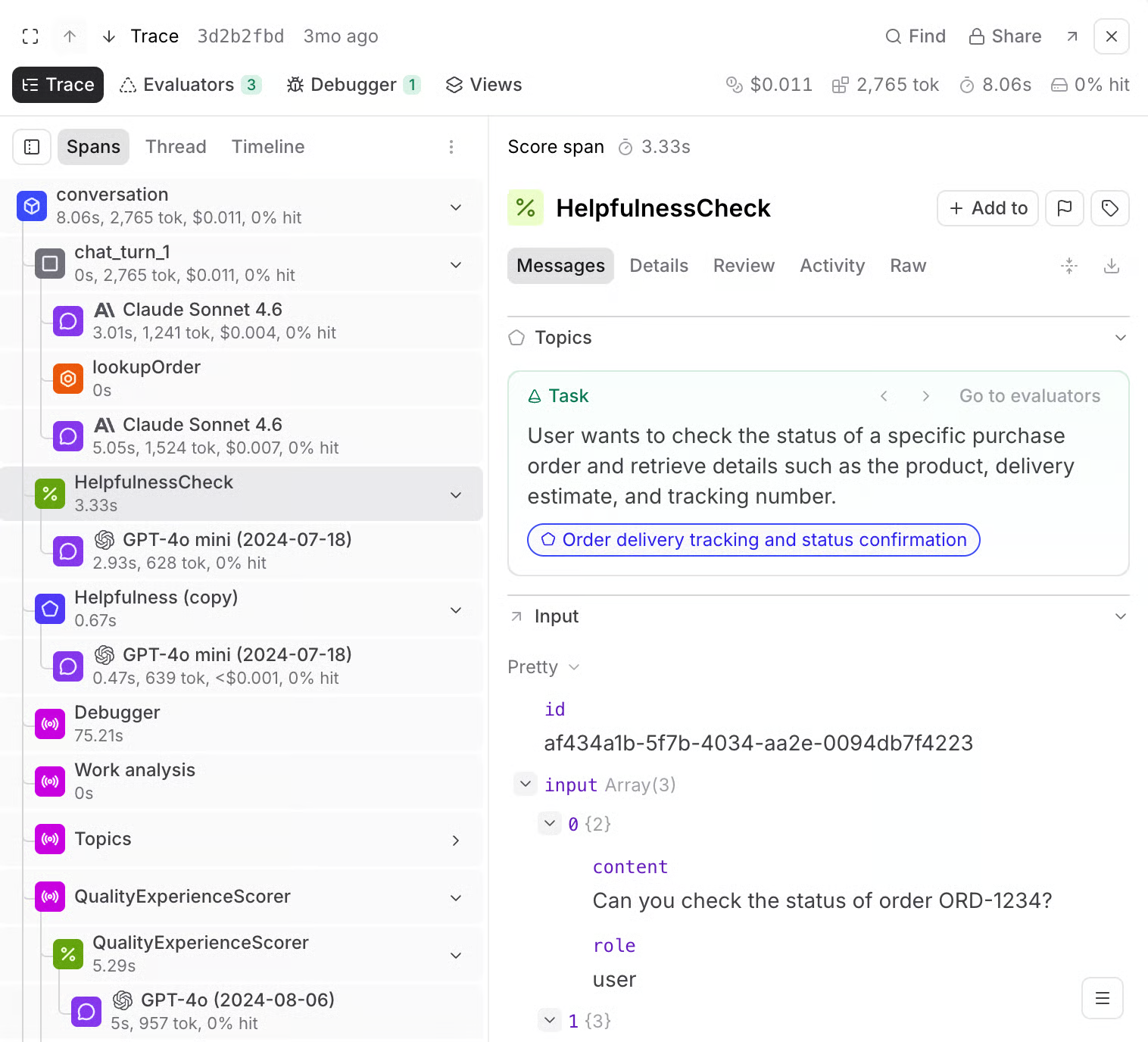 Braintrust trace with nested model and tool spans alongside scorer spans for HelpfulnessCheck and QualityExperienceScorer, showing the scored production request