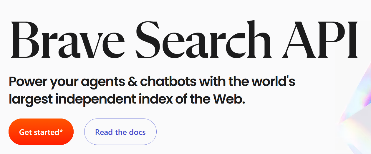 Brave Search API landing page describing an independent index of the web for powering agents and chatbots