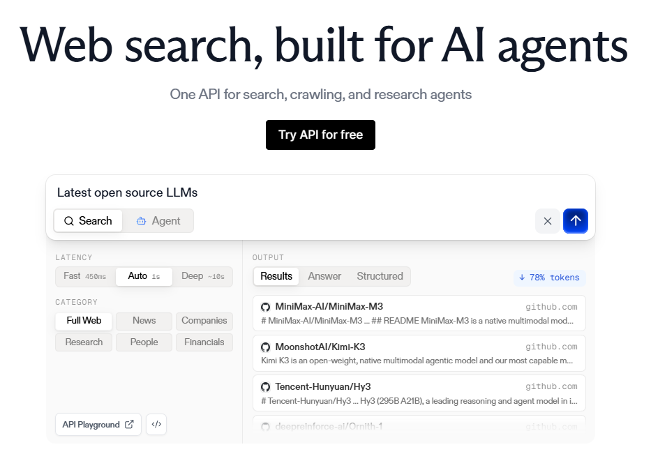Exa search interface showing latency modes Fast, Auto, and Deep alongside category filters for Full Web, News, Companies, Research, People, and Financials, with ranked repository results