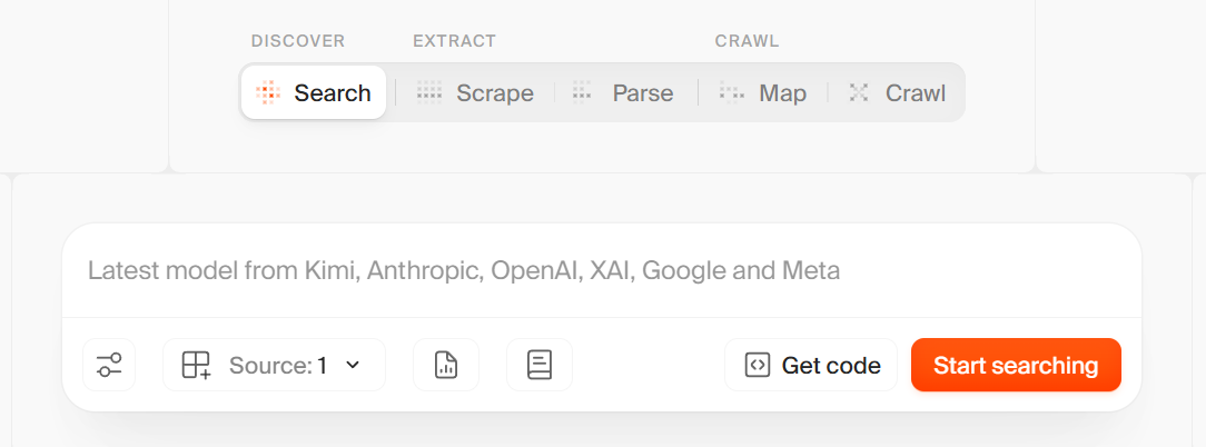Firecrawl interface with Search, Scrape, Parse, Map, and Crawl tabs grouped under Discover, Extract, and Crawl, showing a source selector and query field
