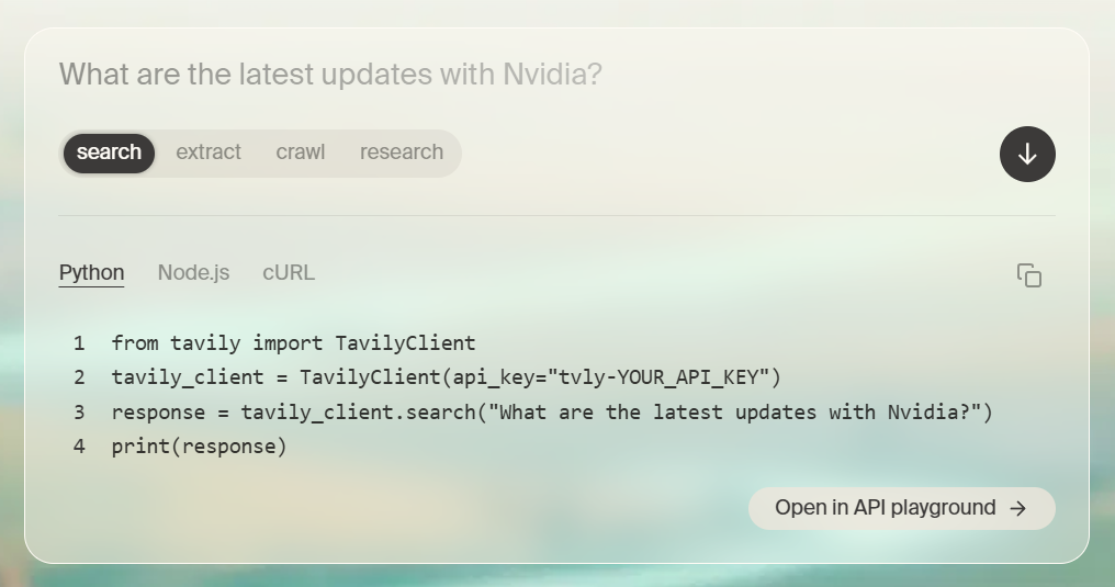 Tavily interface with search, extract, crawl, and research tabs showing a Python snippet that calls the Tavily client for a current-events query
