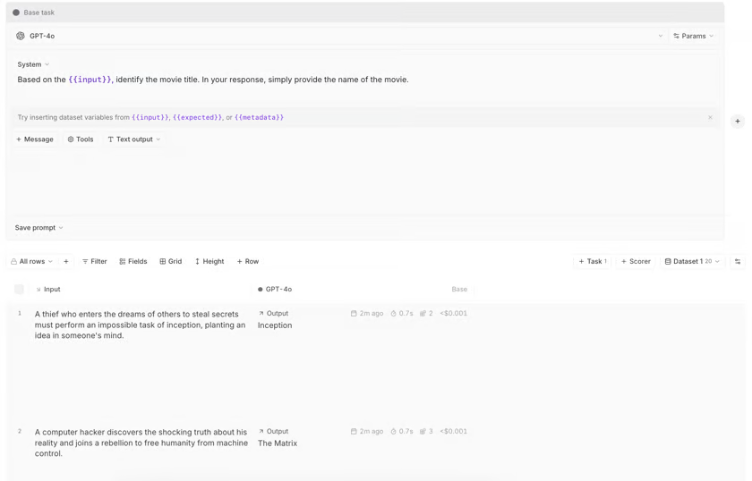 Braintrust playground running a prompt against dataset rows with per-row output, latency, and cost
