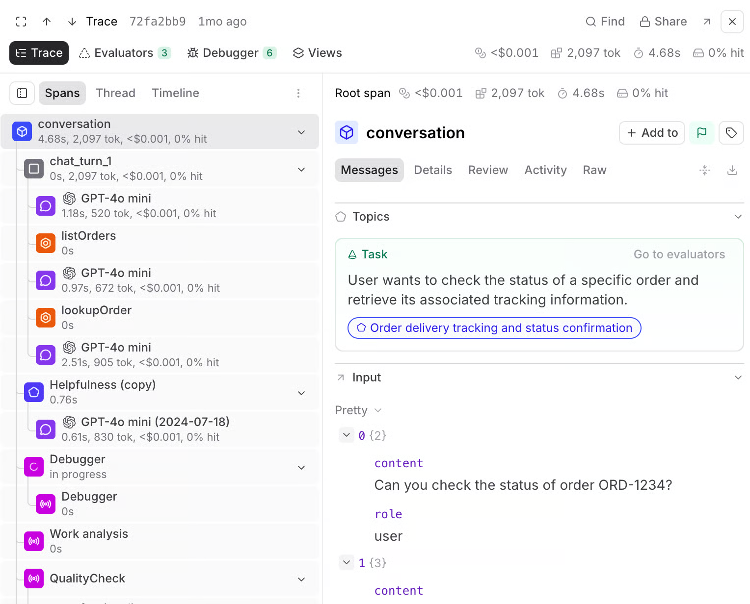 Braintrust Spans view showing nested model and tool calls with latency, token usage, and estimated cost