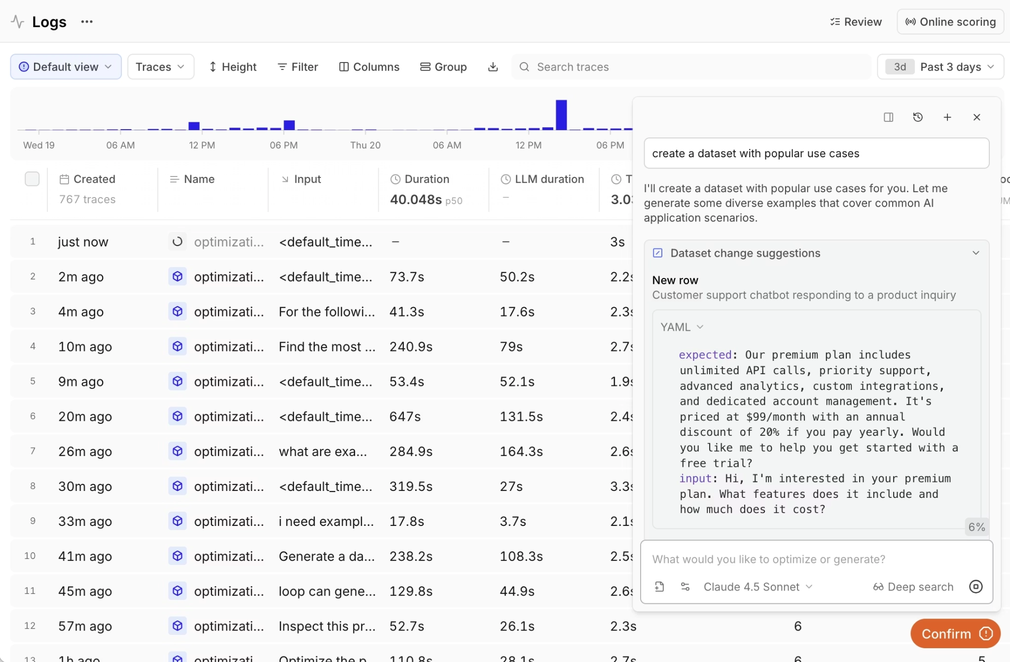 Loop generating evaluation dataset examples from a natural-language request