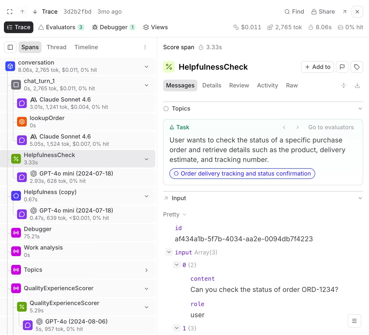 Braintrust trace viewer showing a helpfulness scorer and topic classifications