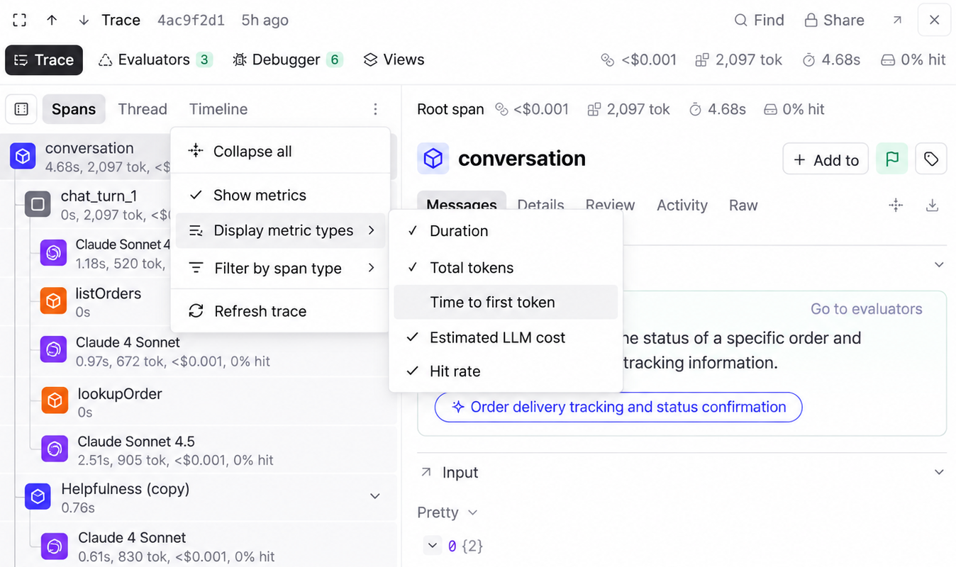 Braintrust span metric menu with Time to first token enabled