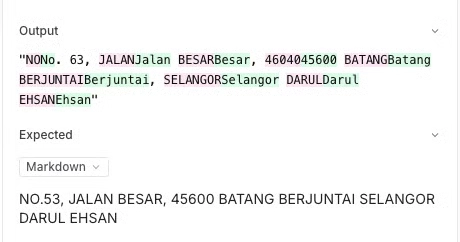 Braintrust output diff highlights capitalization differences in an extracted receipt address