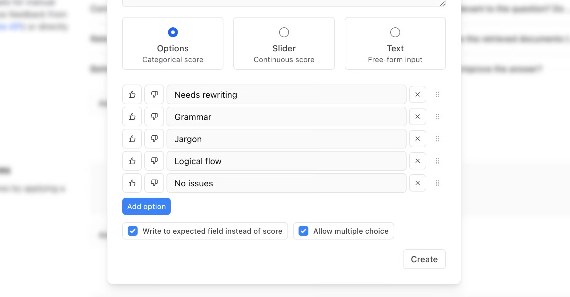 Braintrust human review label configuration with categorical options and an option to update expected values
