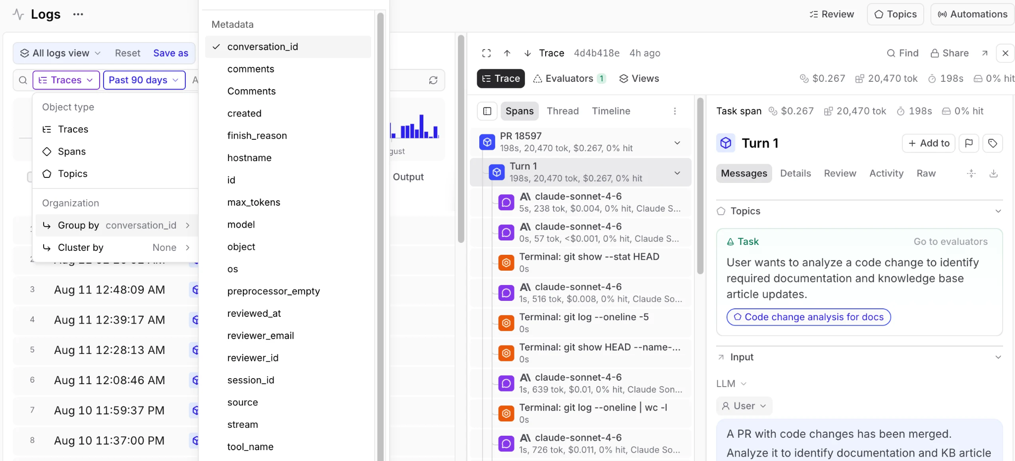 Braintrust Logs view with traces grouped by conversation_id metadata, alongside a trace detail panel showing a root task span with nested per-turn model calls and terminal tool calls, each with its own duration, token count, and cost