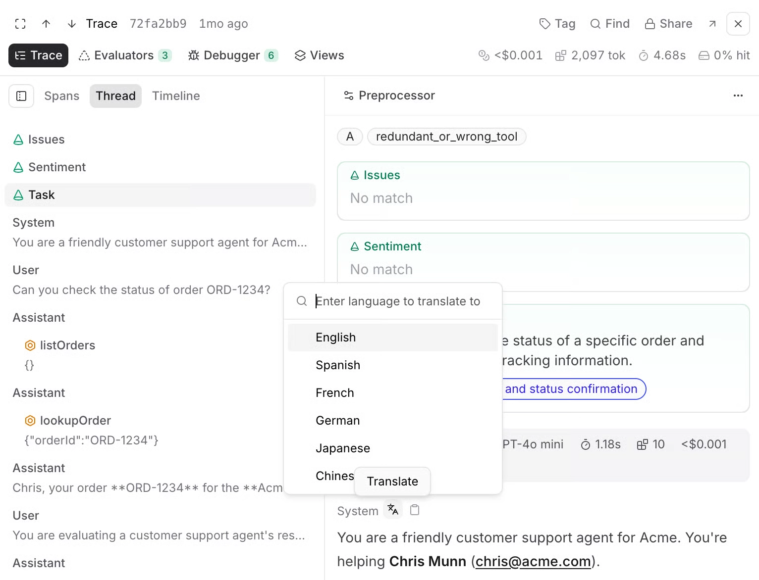 Braintrust Thread view with chronological model messages and tool results