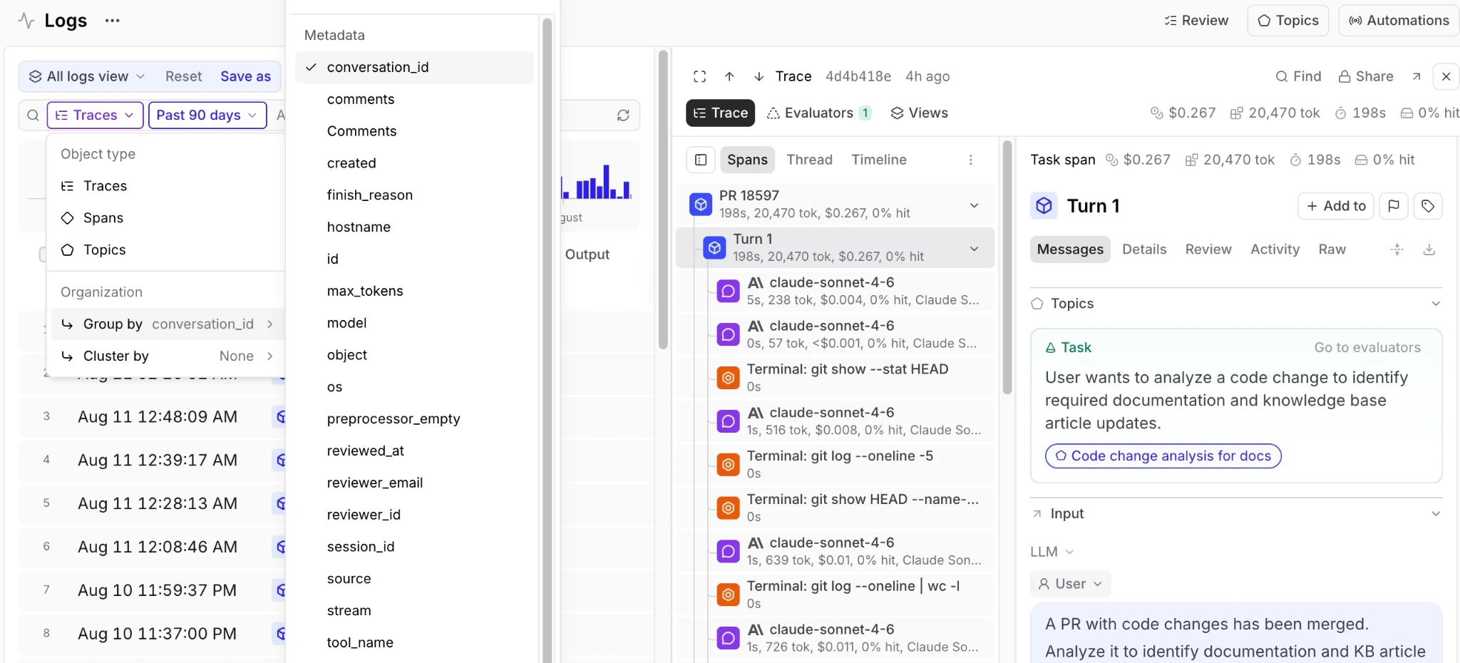Braintrust Logs row types and metadata fields beside an open trace