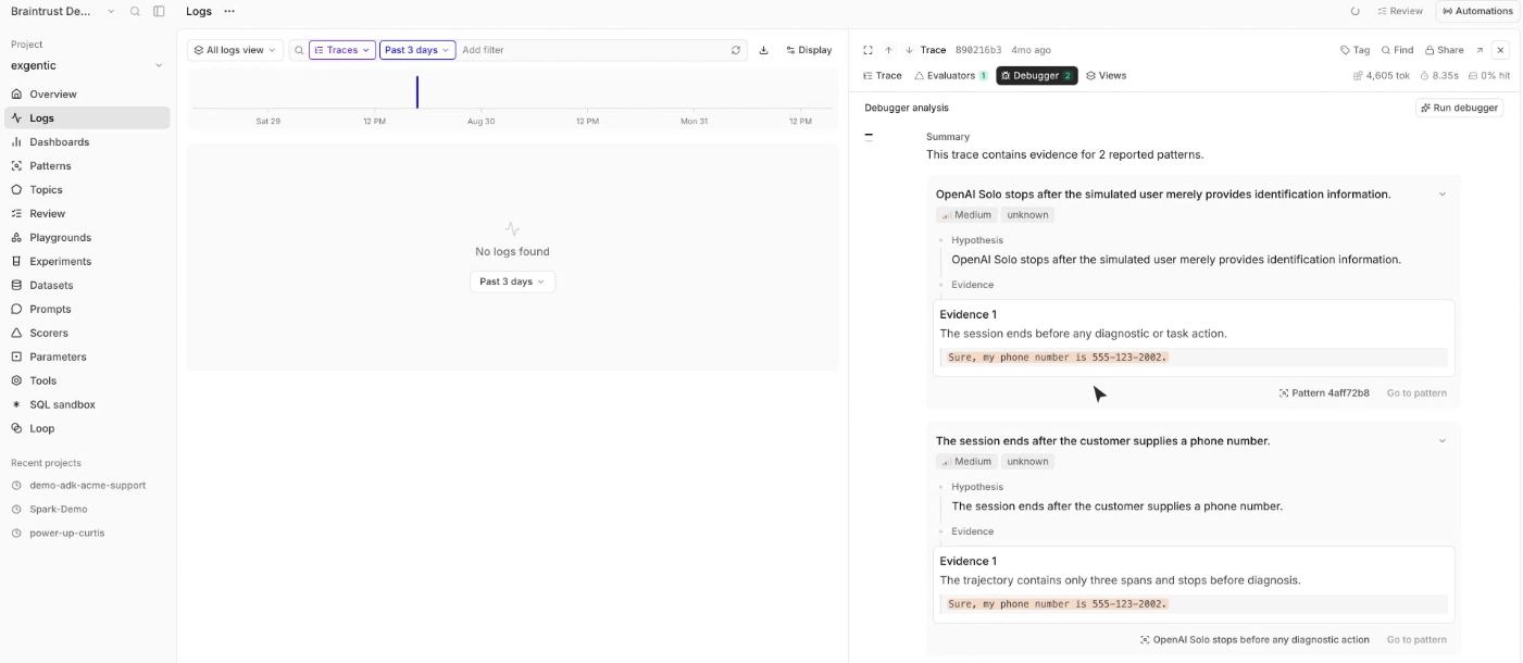 Braintrust Debugger showing failure hypotheses and supporting trace evidence