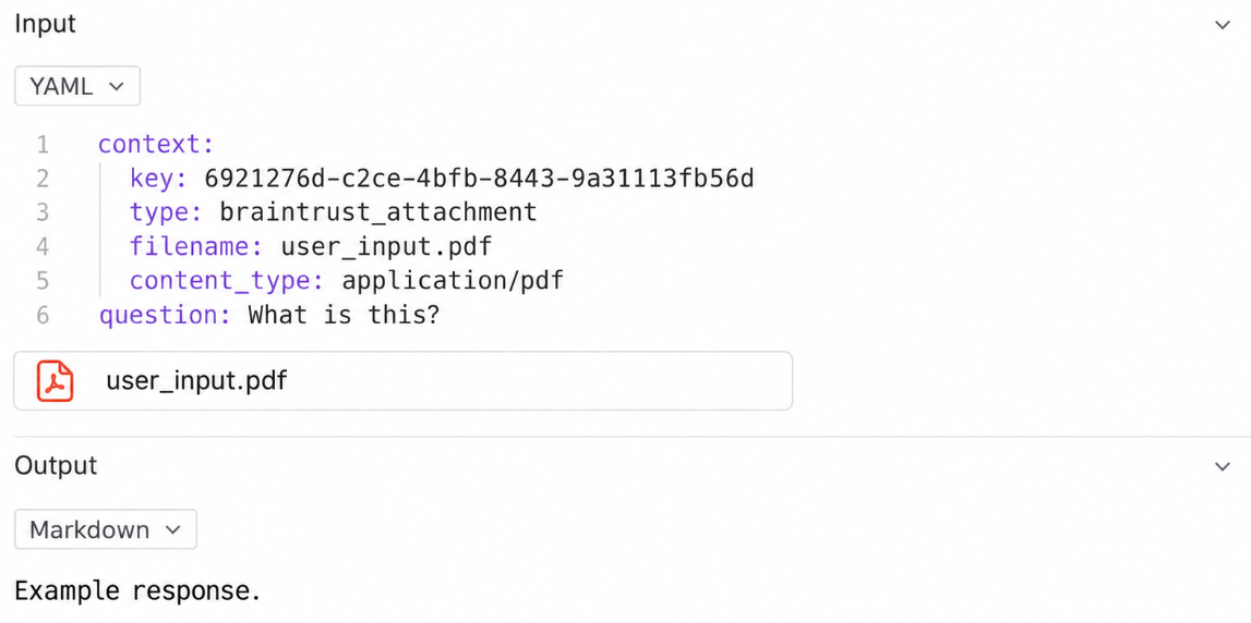 Braintrust span displaying a PDF attachment alongside the original question and response