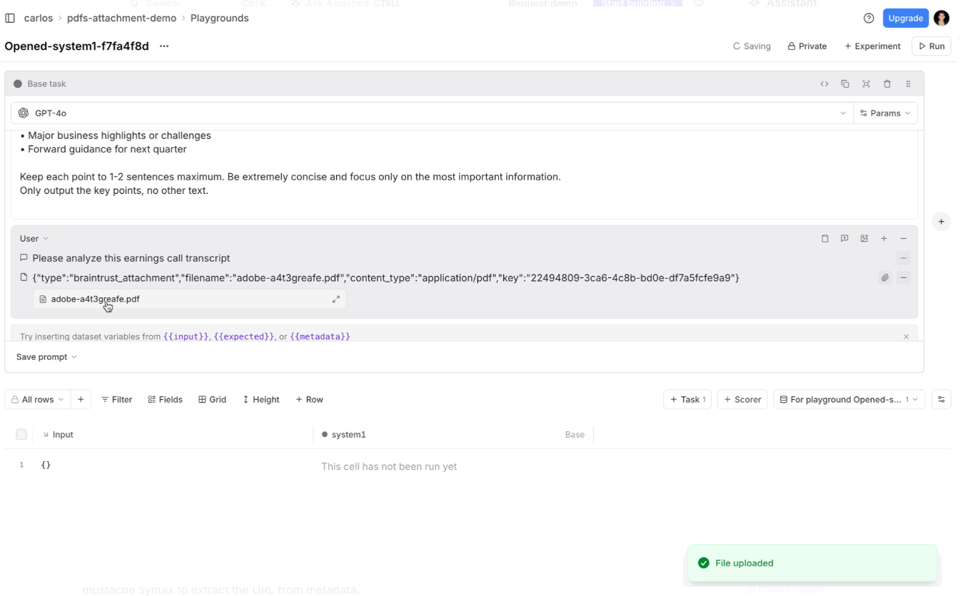Braintrust playground with a PDF uploaded as a file message part