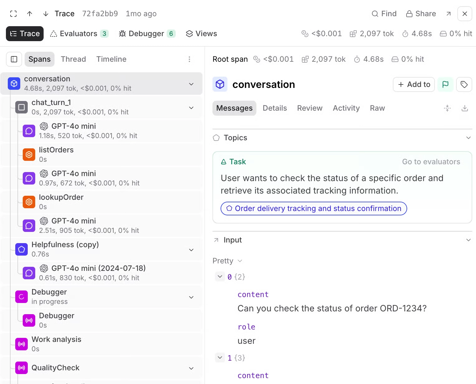 Braintrust trace viewer showing nested spans, messages, and topic classifications