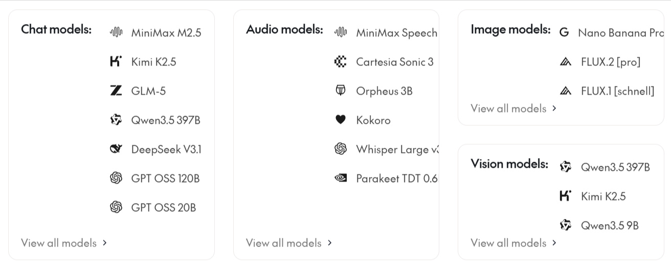 Together AI catalog of chat, audio, image, and vision models
