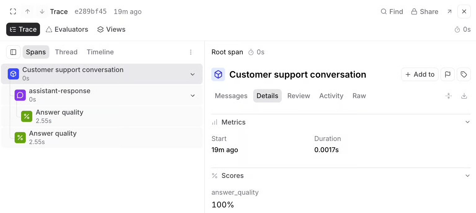 Braintrust trace view of a customer support conversation with an Answer quality scorer span nested under the assistant response and a 100% answer_quality score