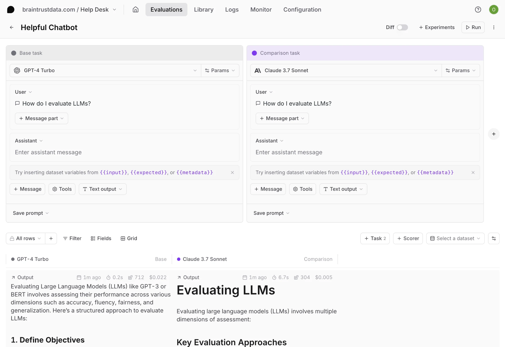 Braintrust Playground comparing a base task and a comparison task side by side, each with its own model, prompt messages, and dataset variables, with per-output latency, token count, and cost