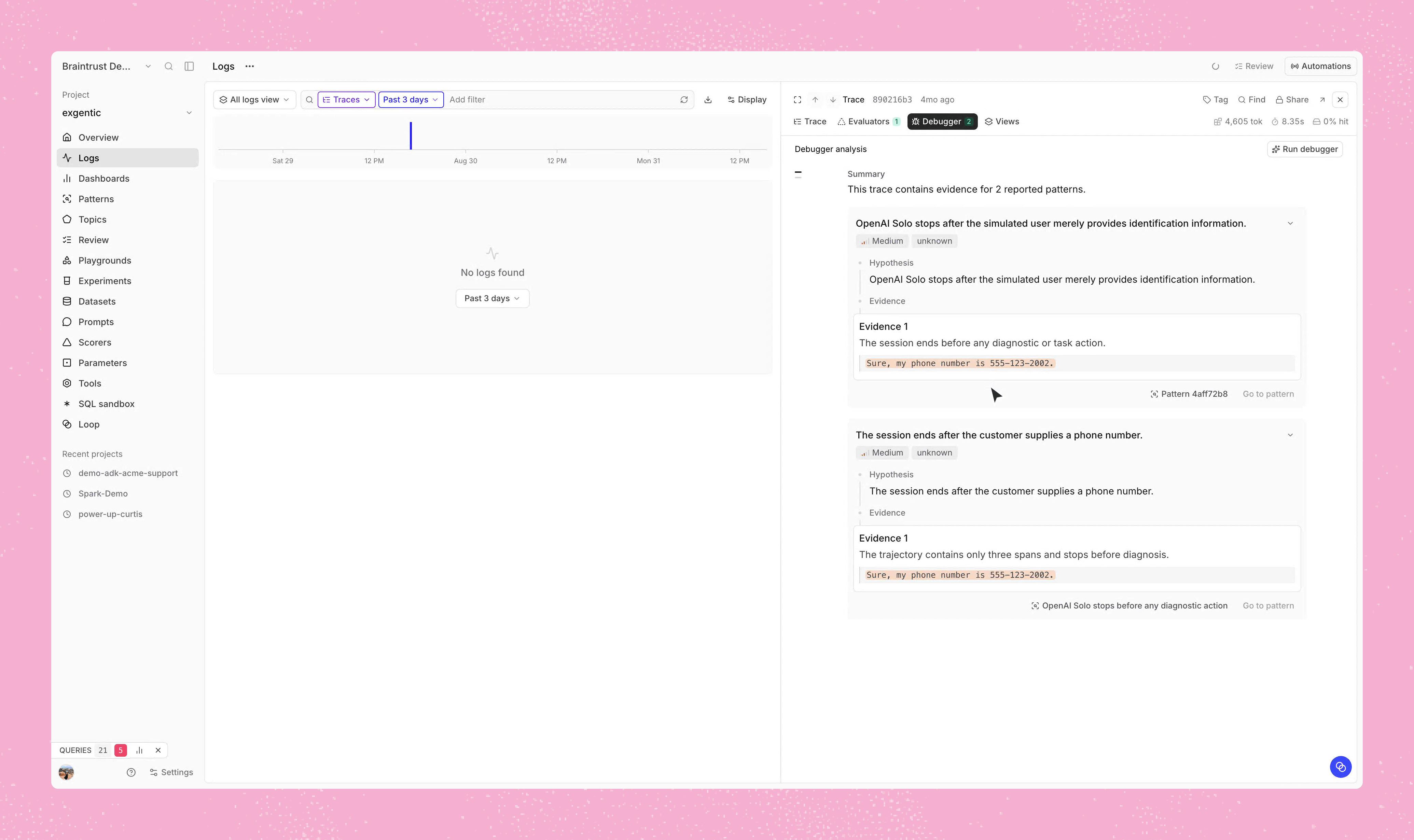 Debugger analysis showing two evidence-backed explanations for an agent trace that stopped before completing its task
