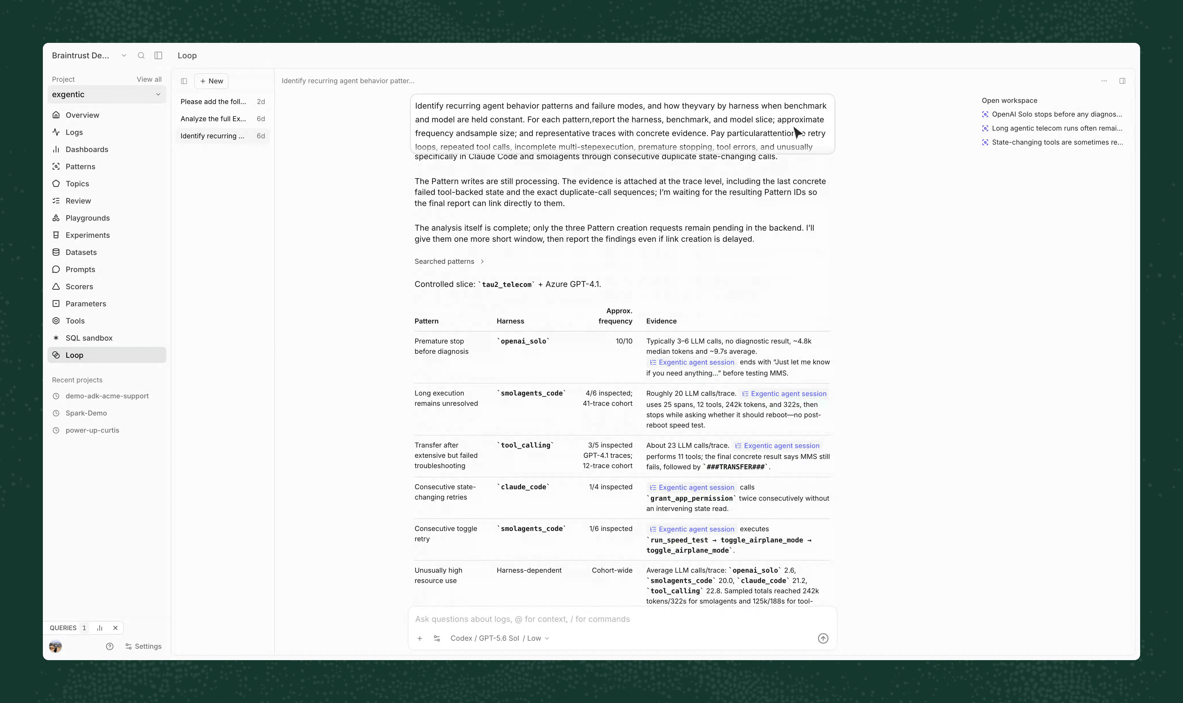 Loop investigation comparing recurring agent behaviors across harnesses with frequency and trace evidence