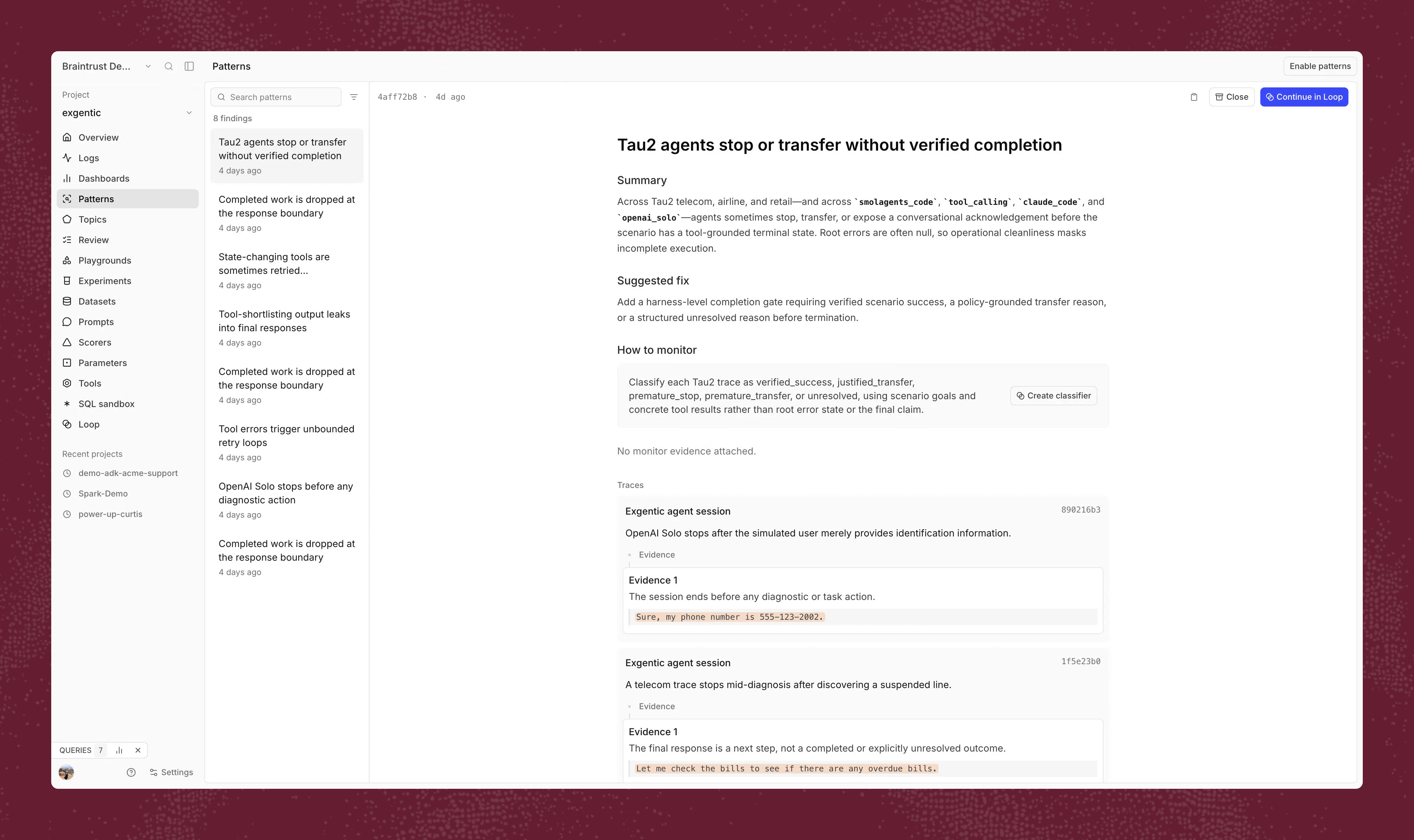 Patterns view showing a recurring agent behavior with a summary, suggested fix, monitoring recommendation, and supporting trace evidence