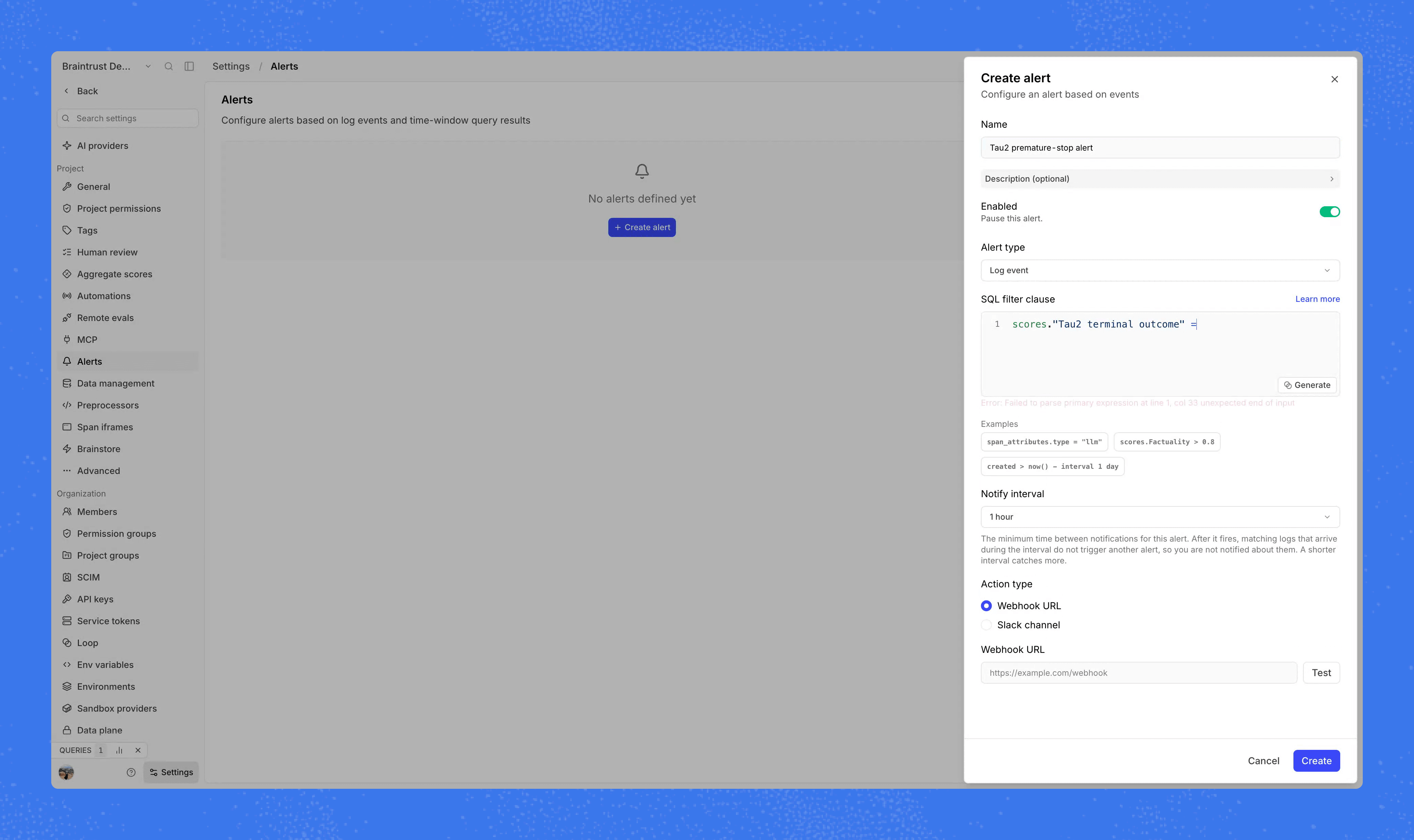 Alert configuration panel with a SQL filter and Slack channel delivery option