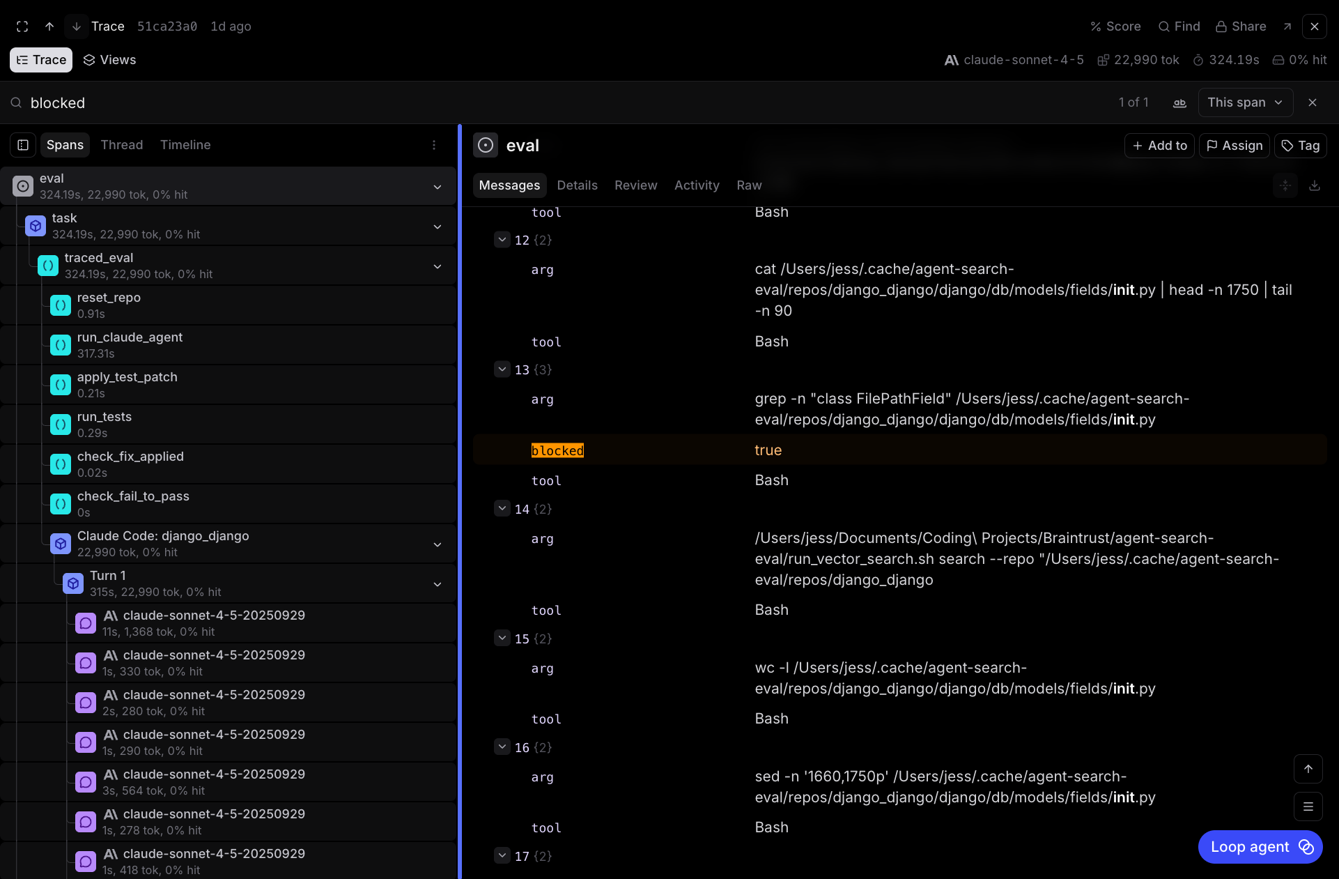 A Braintrust trace span showing a bash grep -n "class FilePathField" .../django/db/models/fields/__init__.py call with a highlighted blocked: true field, where the PreToolUse hook vetoed the grep before it executed.
