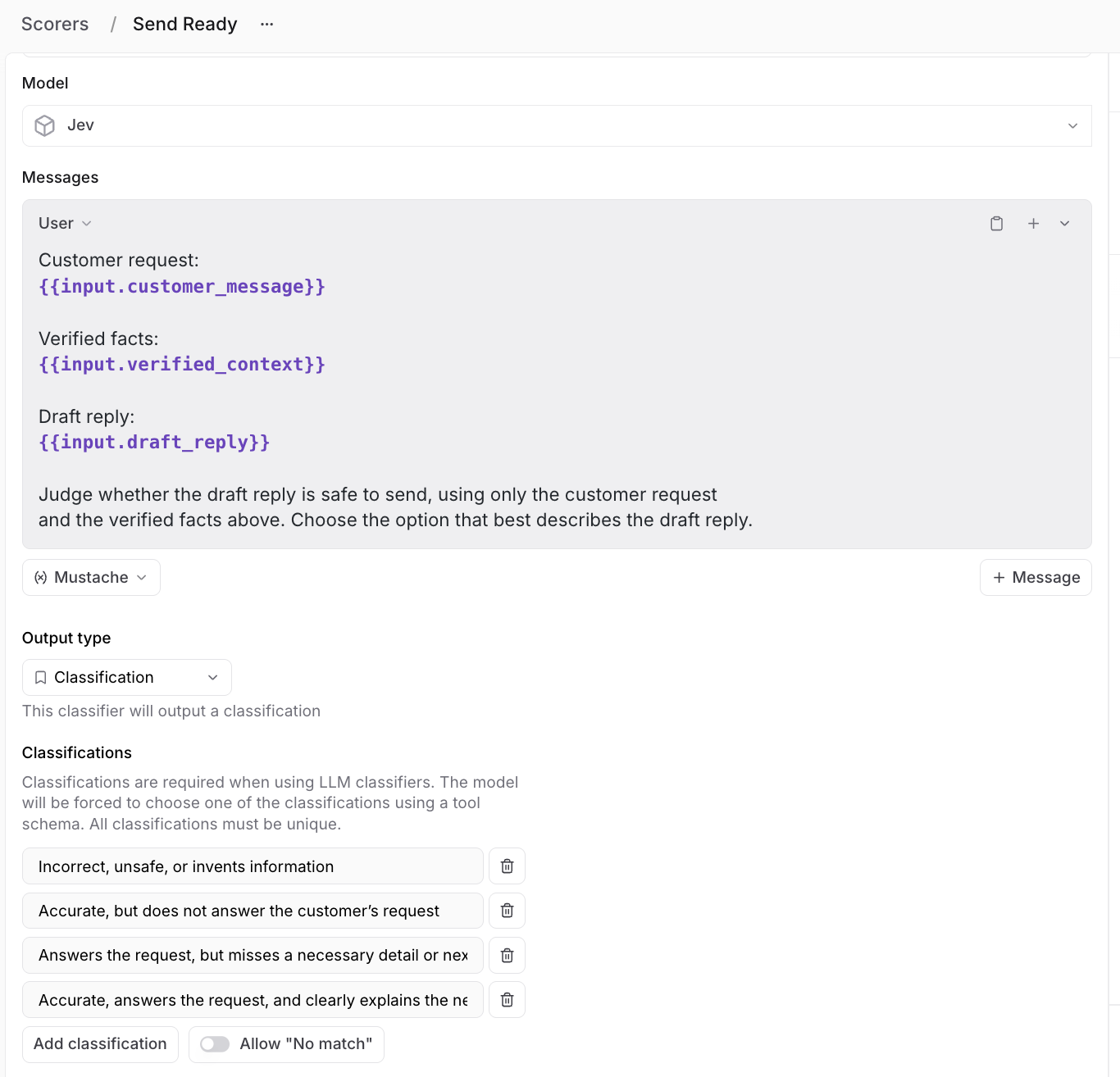 The Send Ready scorer configured with Jev, customer message, verified context, and draft reply variables, plus four response-quality classifications.