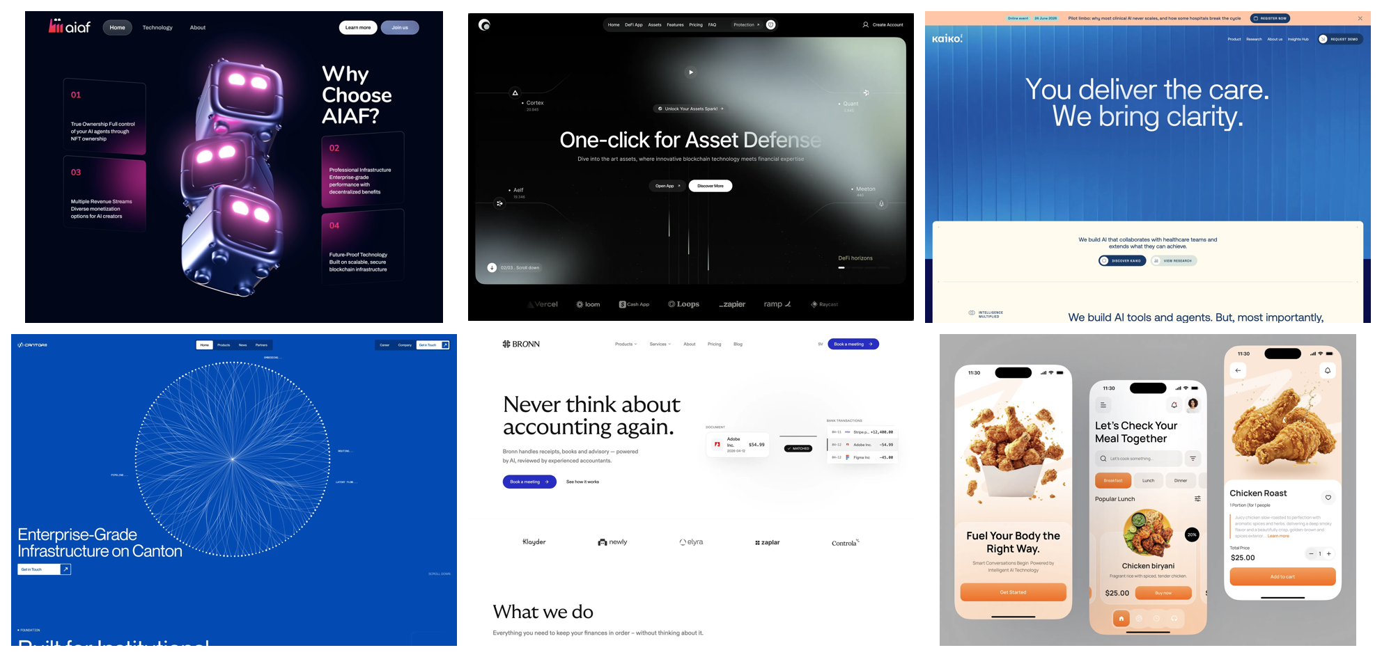 Six designs from the dribbble-27 dataset, including 3D hero sections, glass effects, gradients, and editorial layouts
