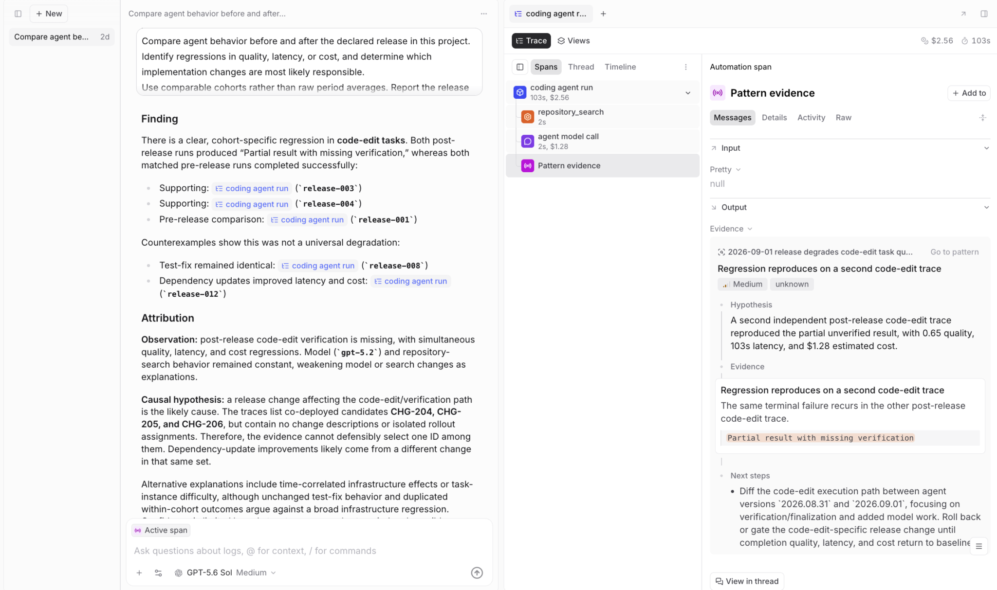 The same Loop investigation with its Pattern evidence selected. The side panel shows the synthesized regression finding, quoted trace evidence, recommended next steps, and a link to open the Pattern.